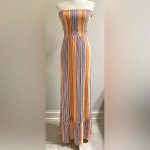 Altar’d State Womens S Coral Orange Multi-Color Stripe Strapless Maxi Dress Boho